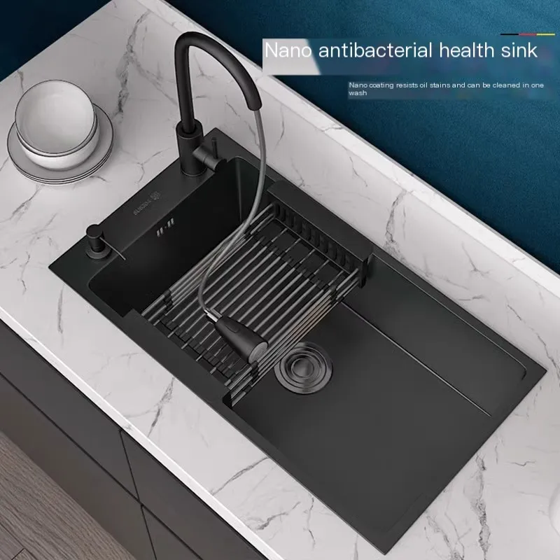 304 Stainless Steel Thicken Deepen Nano Coating Kitchen Black Narrow Rectangular Sink Vegetable washing Under Counter Tank