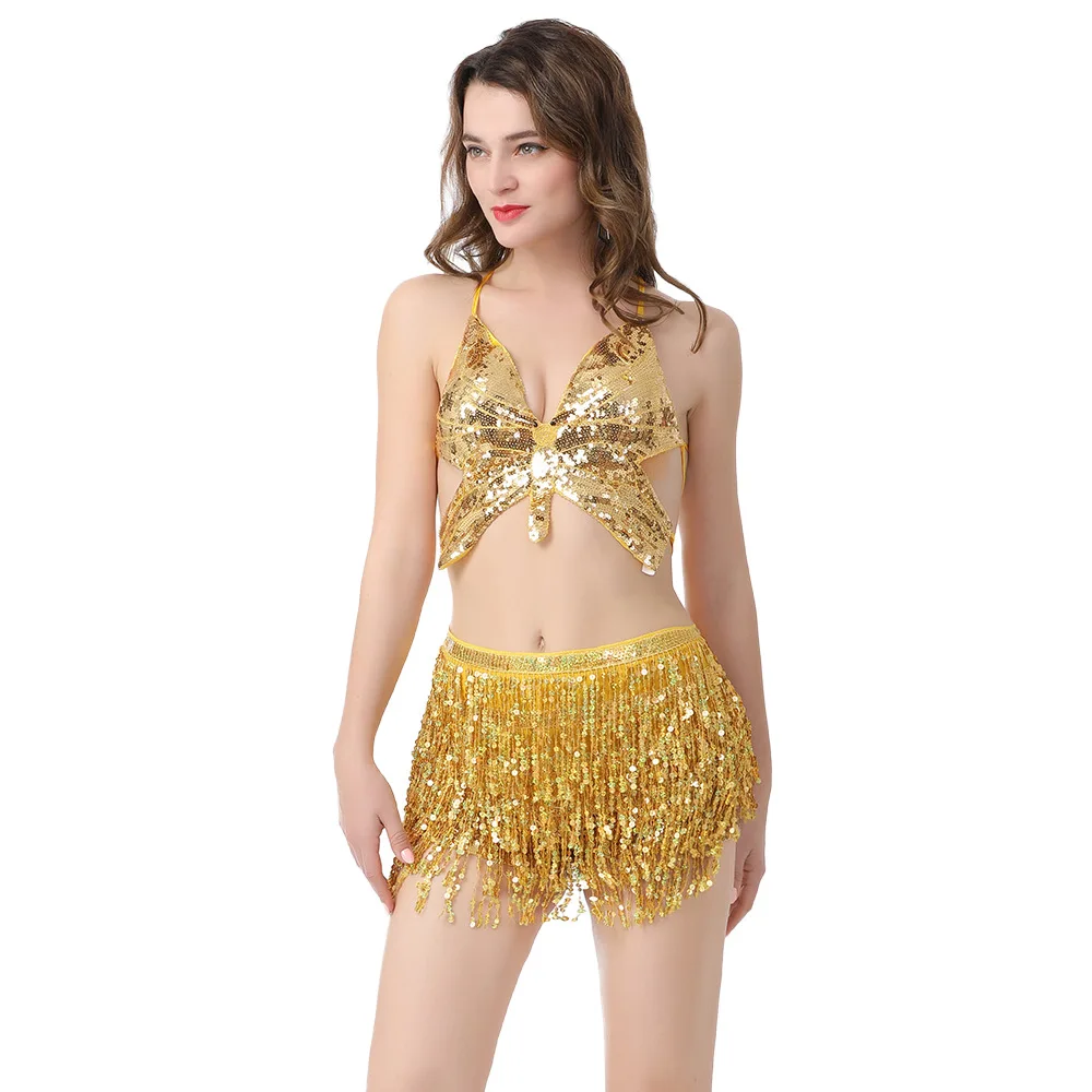 Vestido de danza del vientre para actuación en escenario, conjunto de cinturón, ropa india para mujer, falda gitana, borla de lentejuelas, traje de baile en Barra de Jazz