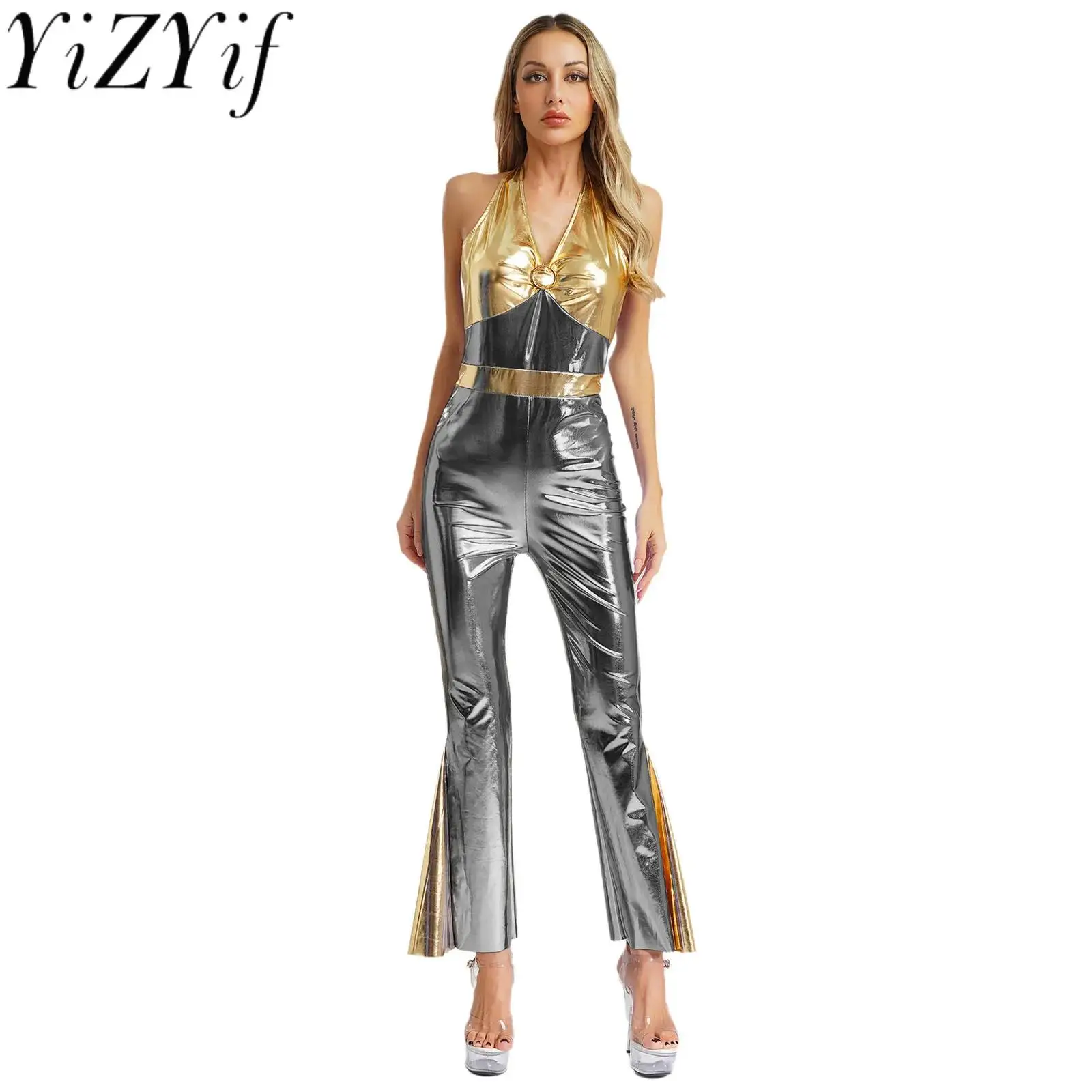 

Women Shiny Vintage 70s 80s Disco Hippie Dance Performance Jumpsuits Fashion Halter Sleeveless Jazz Party Dance Prom Costume