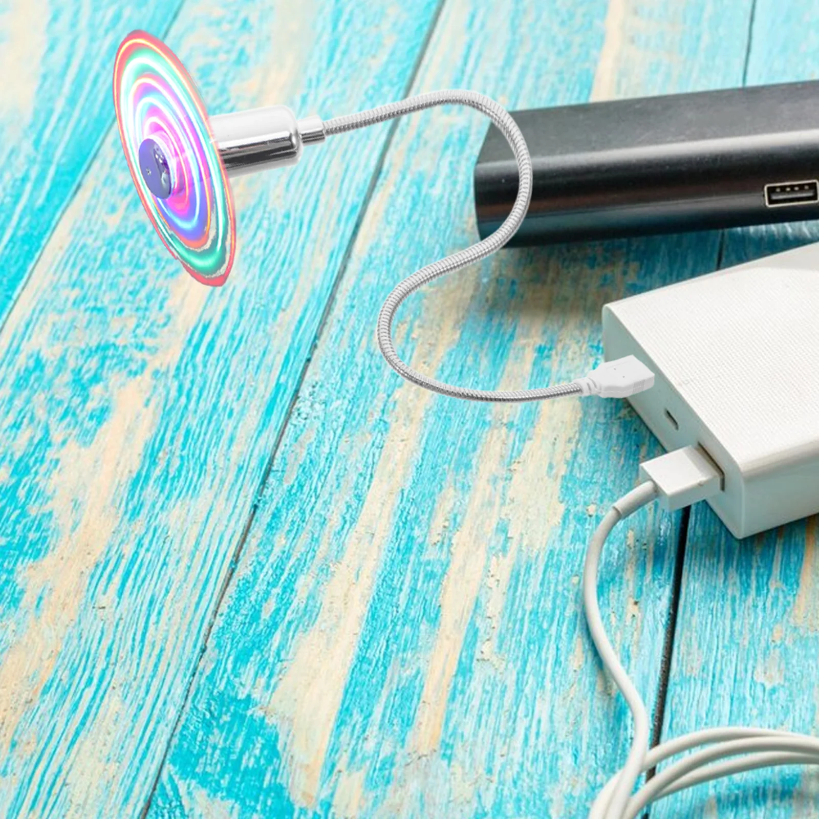 Mini USB Fan Silver 41Cm Colorful LED Pattern Desktop Cooling Fan No Driver Needed USB Fans Rechargeable Fans Portable