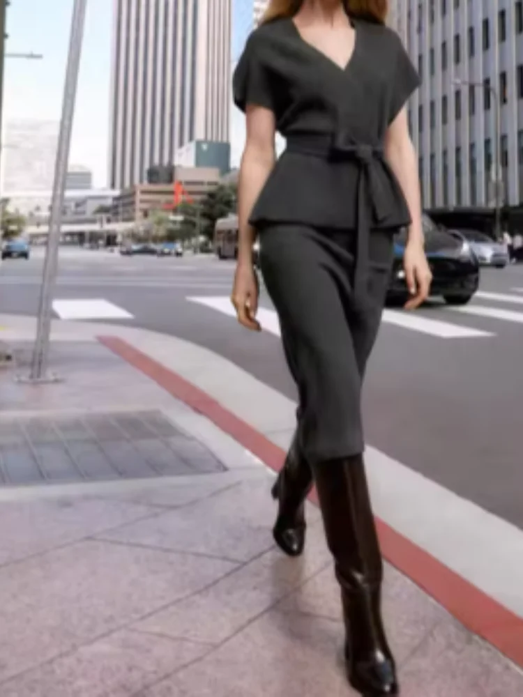 

Black Lace-up Knit Vest Women Casual Solid V-neck Short Sleeve Cropped Waistcoat 2026 Spring Lady Daily Commute Street Tops