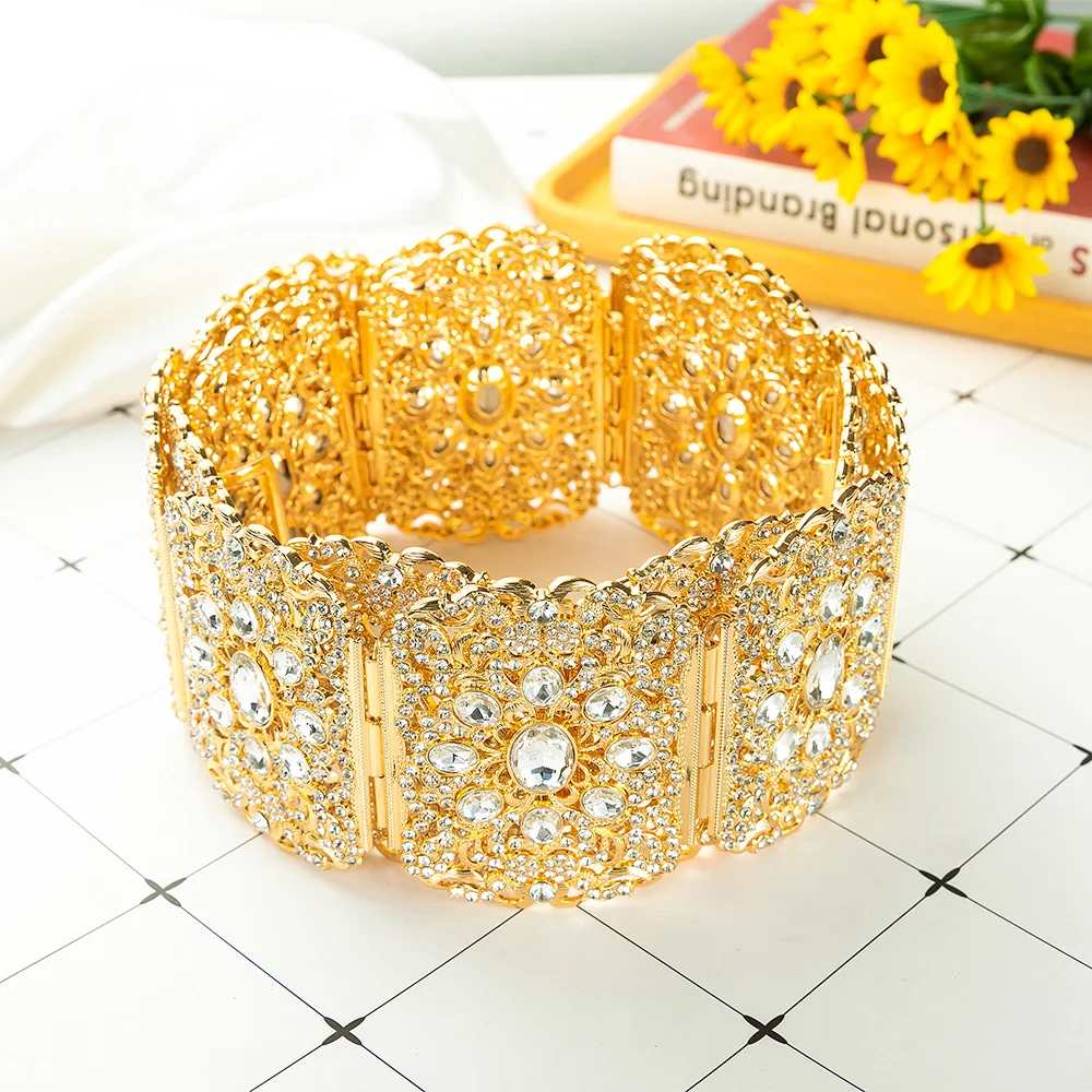 Luxury Wedding Bride Rhinestone Belt Jewelry Big Size Full Crystal Waist Chain Shiny Metal Gold Body Chain Ornaments Gife