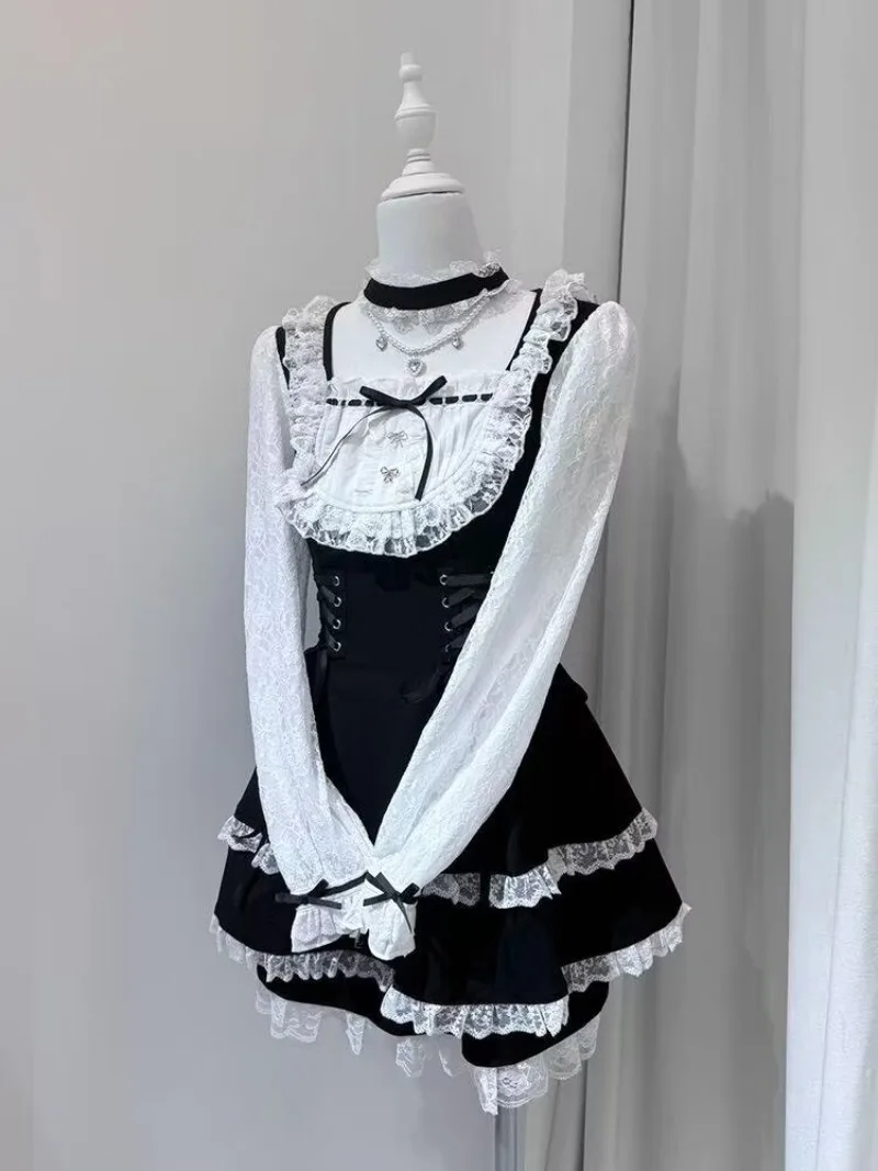 

Новинка весенней коллекции: Японский комплект с милым шоколадным принтом Liz – платье и юбка в стиле Лолита для девушек, с бантом, длинными рукавами, облегающее.