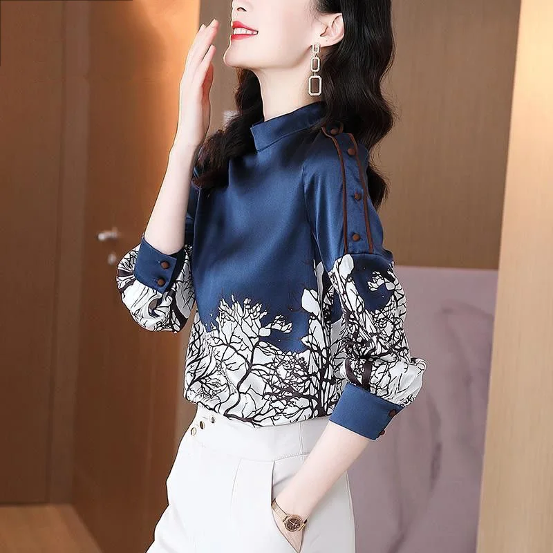 Vintage Printed Long Sleeved Blouse Spring Autumn Women\'s Clothing Versatile Stand Collar Floral Button Pullover Blue Shirt