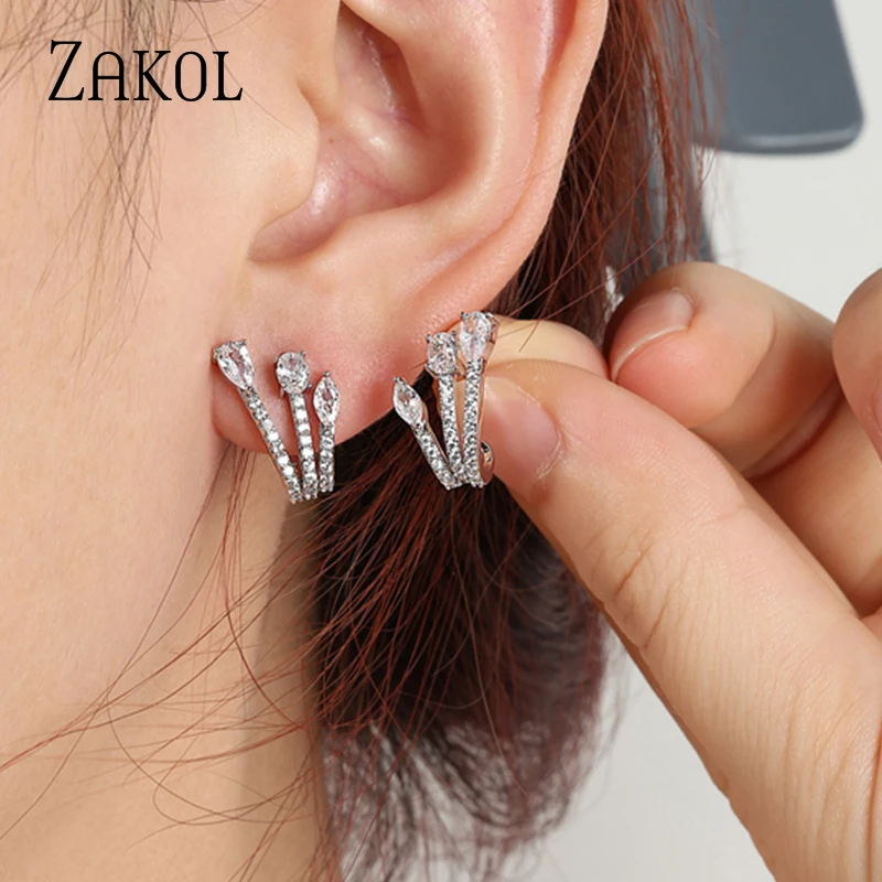 ZAKOL Trendy White Three Row Zircon Stud Earrings for Women Exquisite Shiny Earring Bridal Wedding Party Jewelry