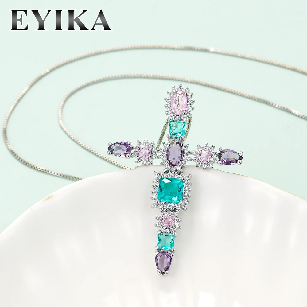 

EYIKA Boho Style Multicolor Crystal Cubic Zircon Cross Pendant Necklace for Women Black Gold Plated Clavicle Chain Jewelry