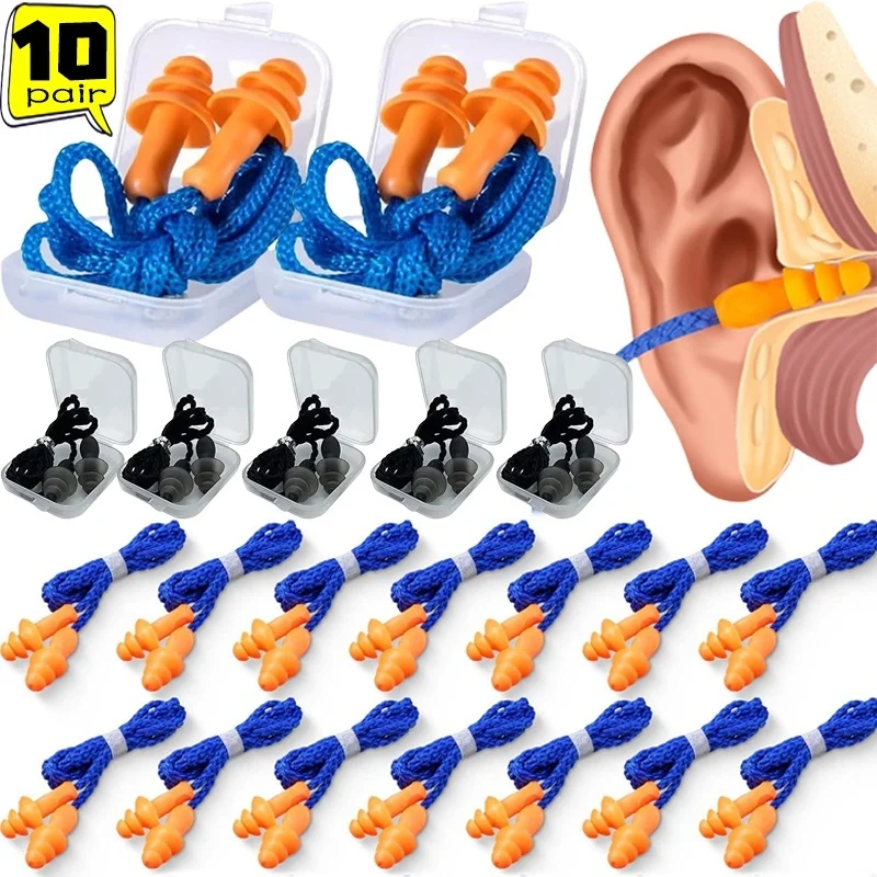 1-10Pairs Noise Cancelling Silicone Earplugs Reusable Earplug With Rope Waterproof Swimming Rubber Ear Plugs Come with Box