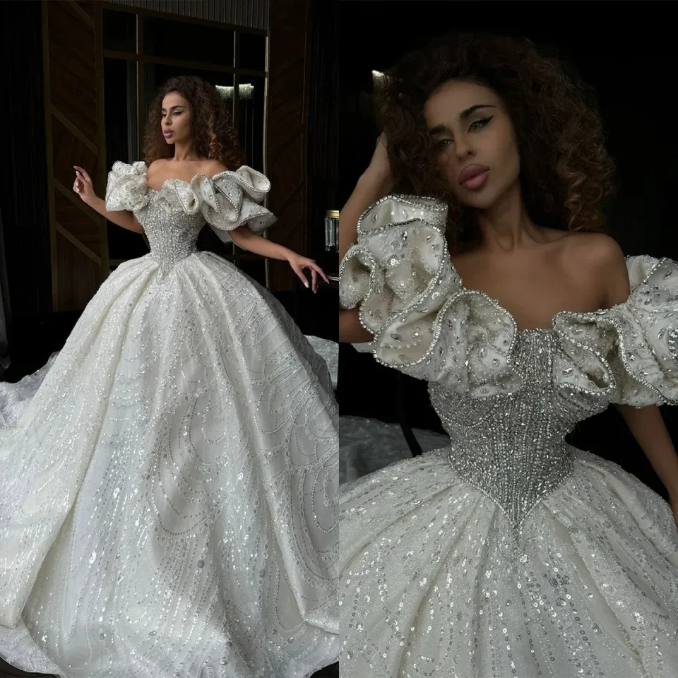 Sparkling Lace Crystal Bead Women's Fluffy Wedding Dress Sexy Waist Cinching Off Shoulder Bridal Gownrobe De Mariée Customized