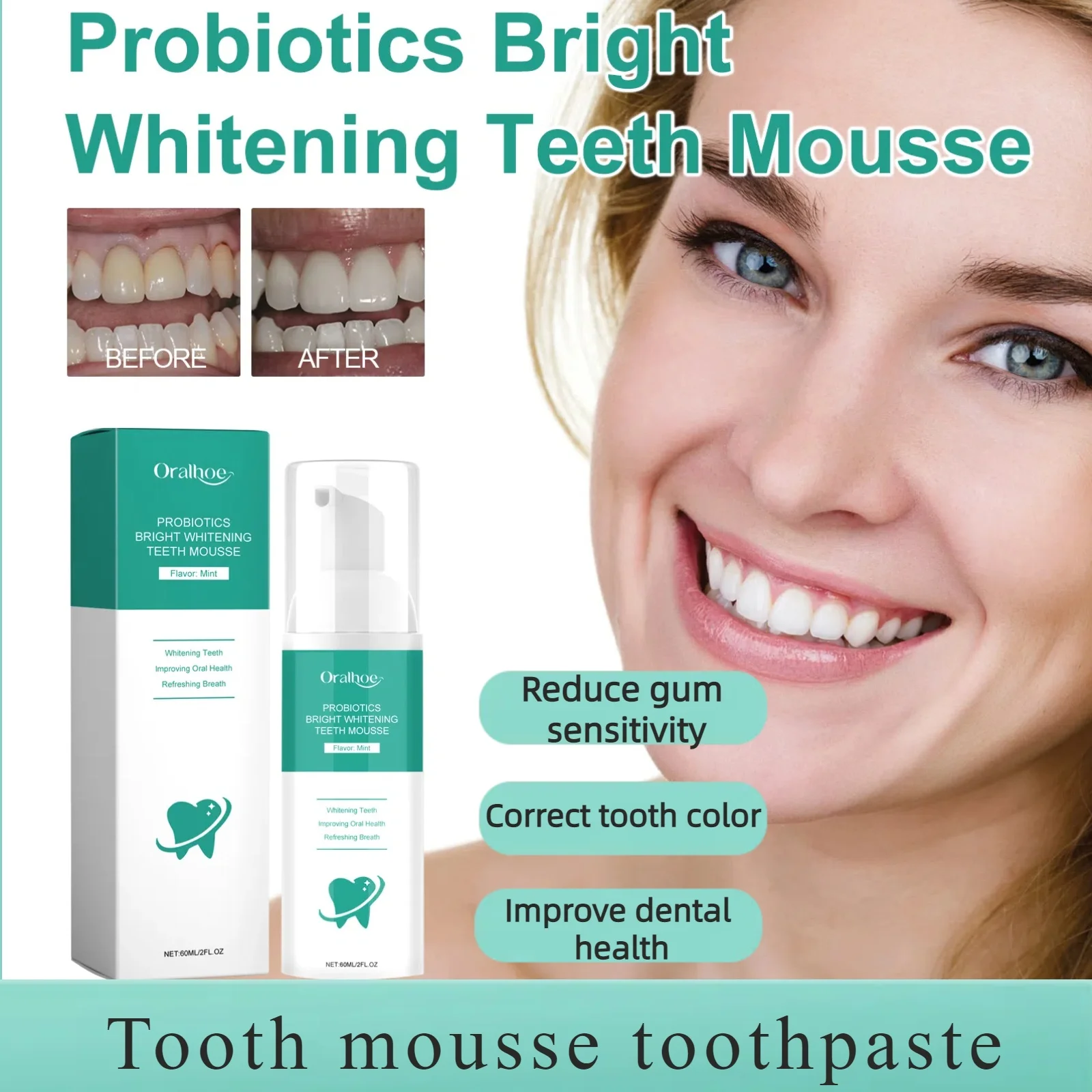 Creme dental probiótico iluminador, limpa a boca efetivamente remove manchas, refresca o hálito e melhora a cor dos dentes