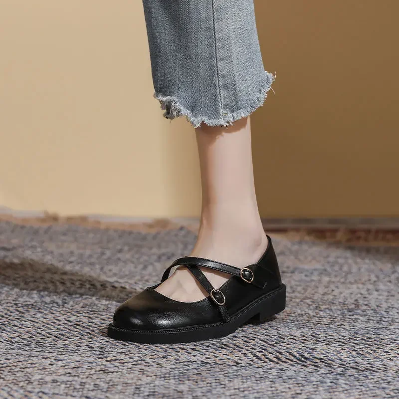French Vintage Thick Heel Mary Jane Shoes Women Summer Small Leather Fairy Style Low Cut Large Size Casual Footwear
