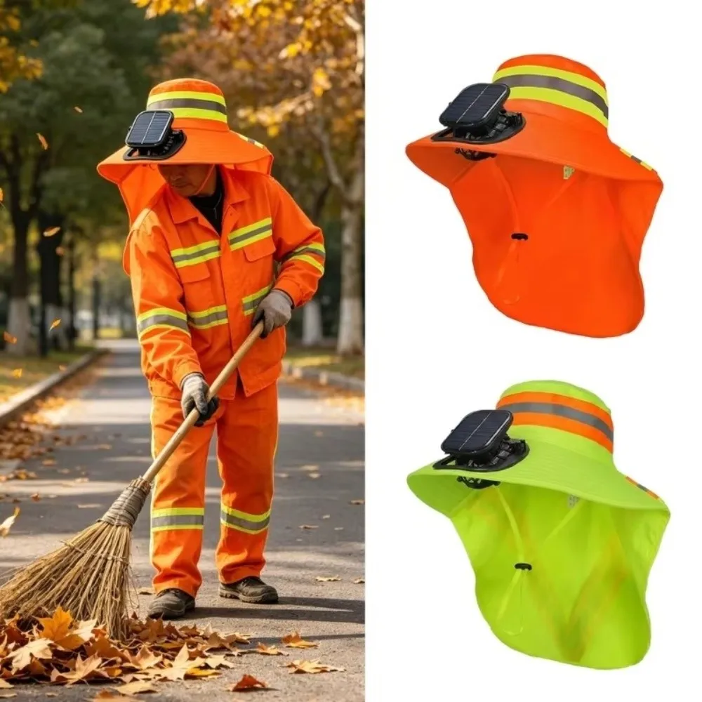 

Breathable Solar Fan Hat UV Protection Rechargeable Safety Reflective Hat with Shawl Elastic Cooling Sunshade Hat Farm Work