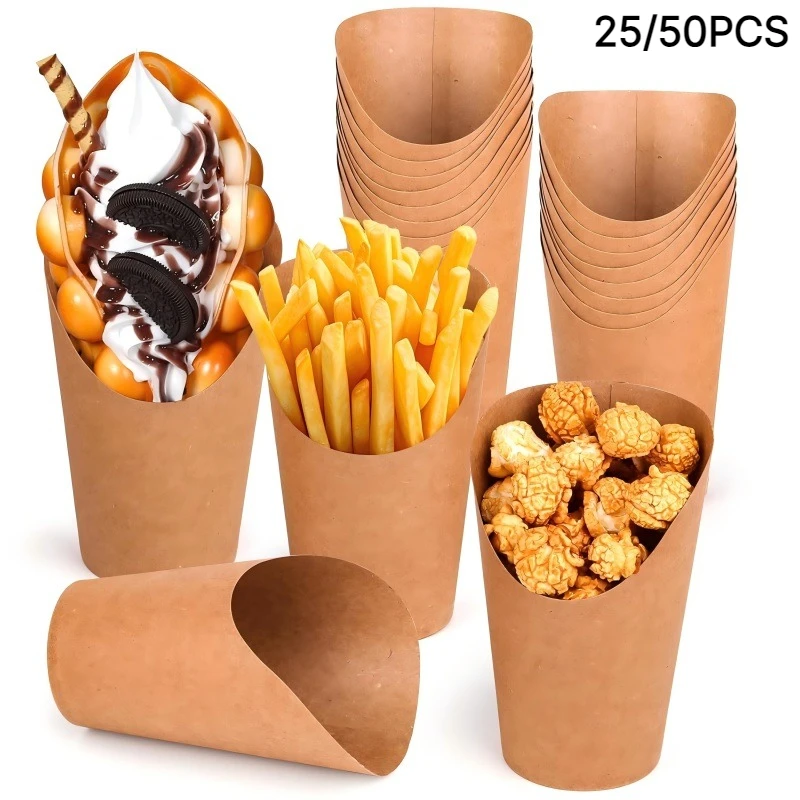 25/50PCS Disposable Kraft Paper Snack Cups Slanted Paper Packing Pouches for French Fries Waffles Cookies Street Food Kit
