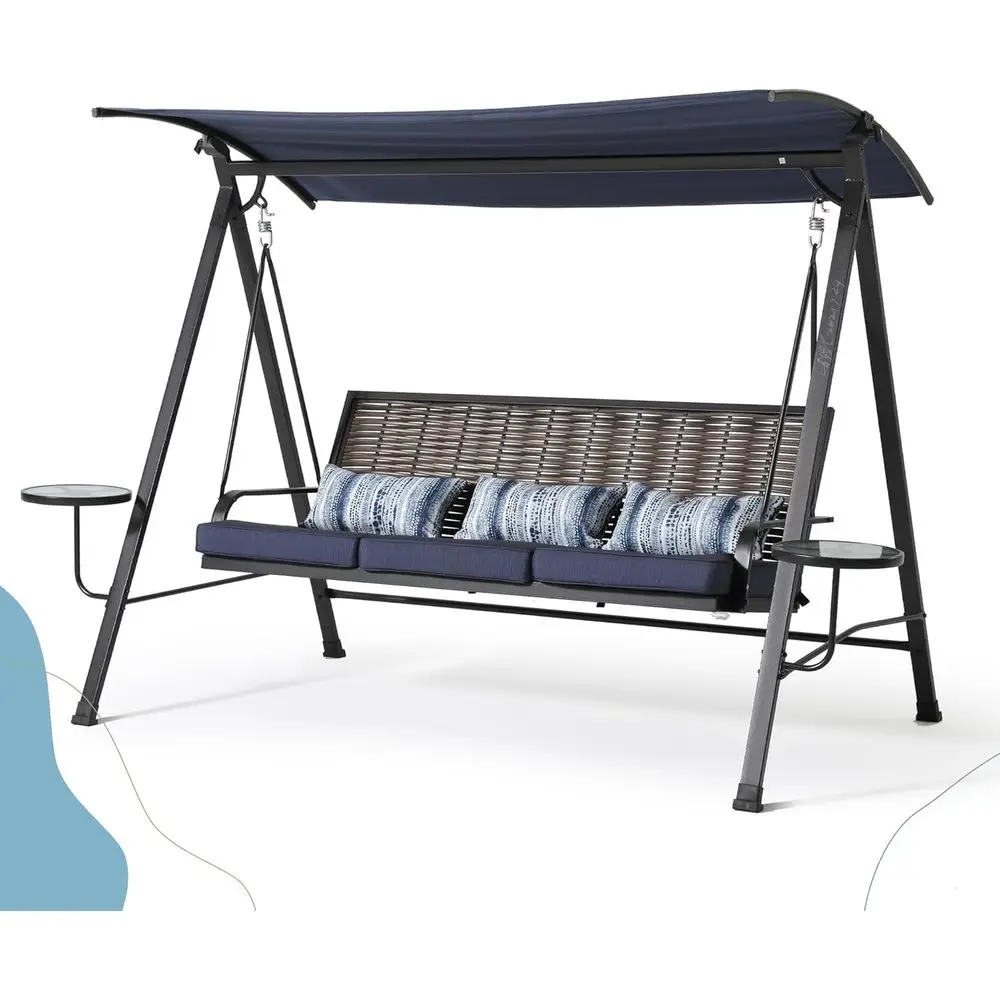 

3-местные стальные качели с подушками, поясничной опорой, приставными столиками — идеально подходят для наружного патио, крыльца, заднего двора, синий