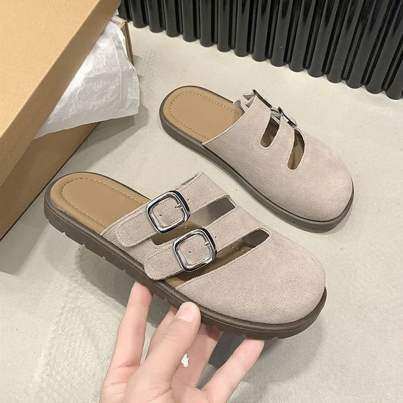 2024 Spring/Summer New Baotou Half Slippers Women's Fashion Genuine Leather Outer Wear Flat Shoes Hollow Retro Beach Sandals