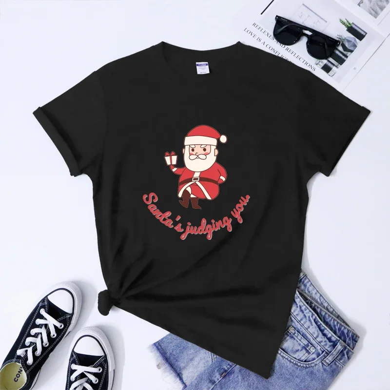 Y2k Short Sleeves Sunmmer T Shirt Santa's Judging You Shirt Sarcastic Christmas Holiday Gift Tee Cute Winter Women Merry Tops