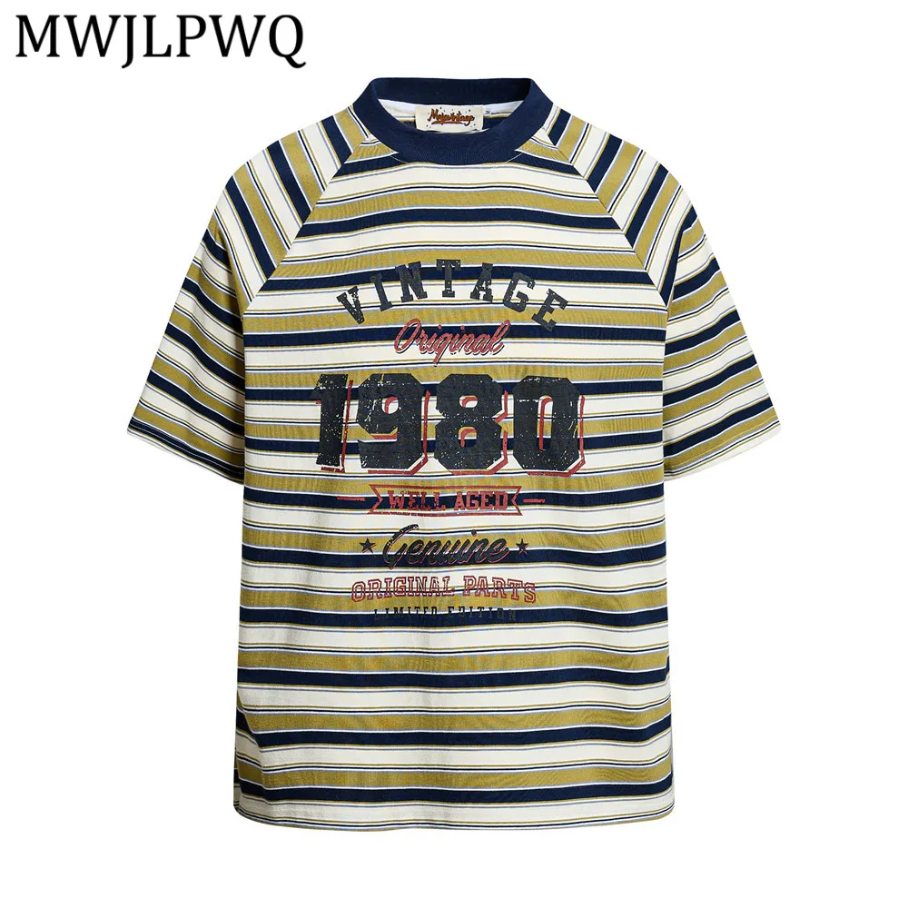 

MWJLPWQ American Vintage Striped T-Shirt Men 1980 Print Raglan Sleeve Mock Neck Loose Casual Daily Wear 2026 Summer Tops 15440