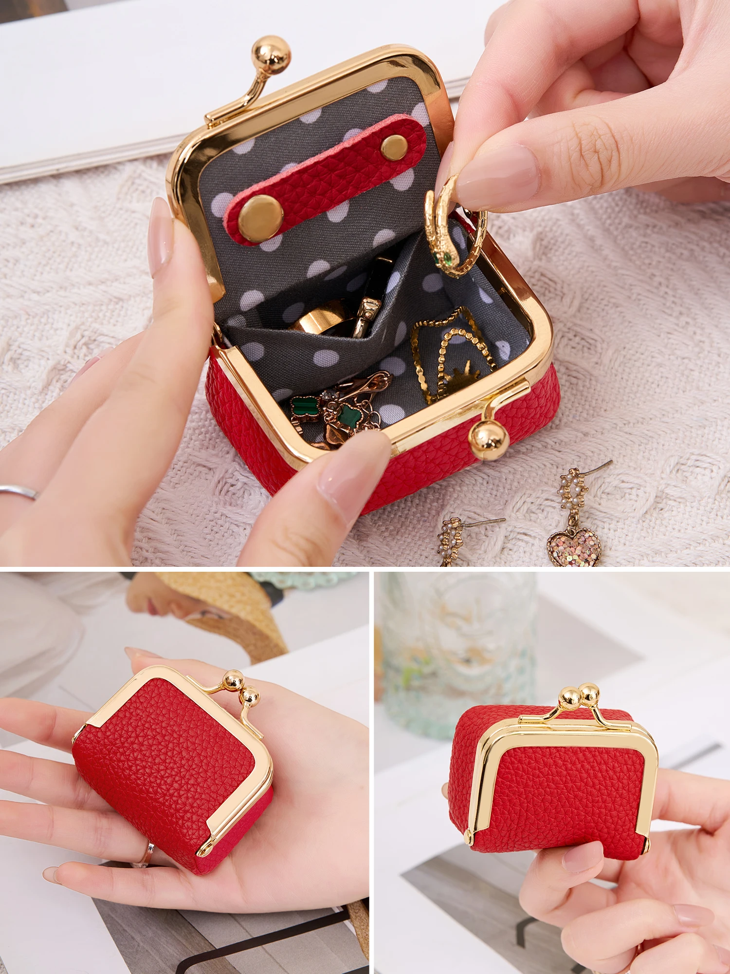 New mini women's solid color PU leather jewelry box can store rings necklaces earrings portable coin purse with kiss clasp
