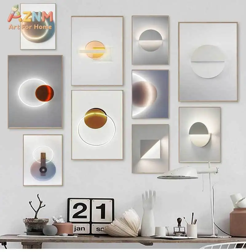 AZNM Minimalist Glowing Geometric Circle Light Shadow Frameless Canvas Poster Modern Neutral Tone Study Living Room Wall Art Dec