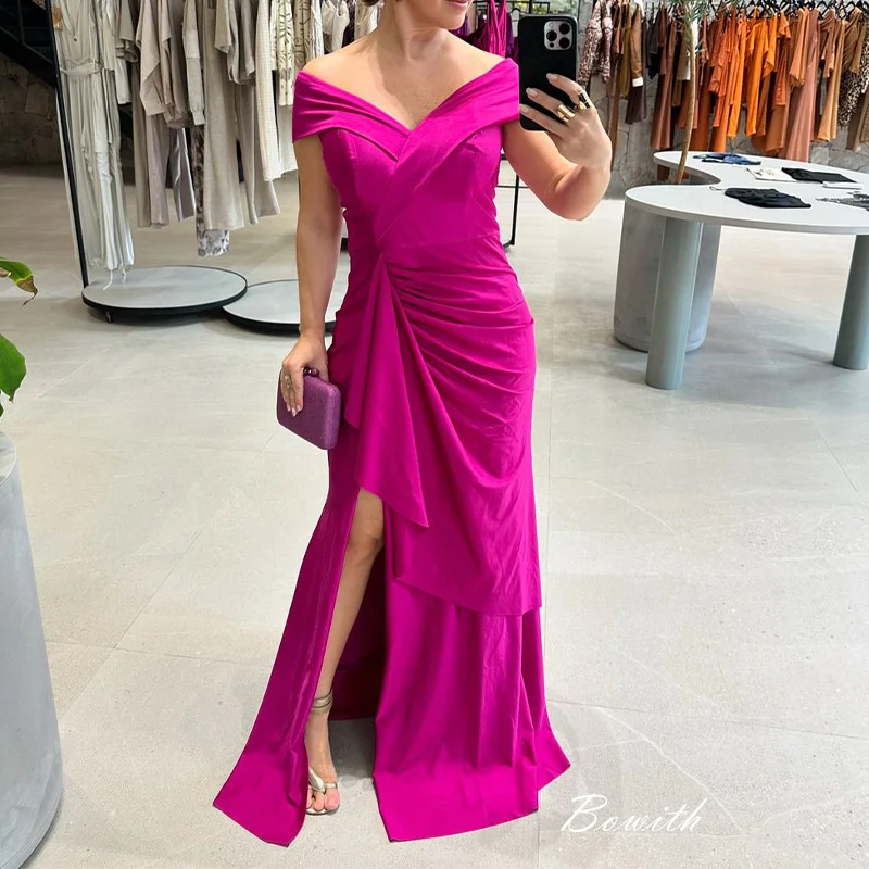 Bowith Fuchsia Mother of The Bride Dresses Off Shoulder V Neck Elegant Evening Dress for Women Gala Dress with Slit vestidos