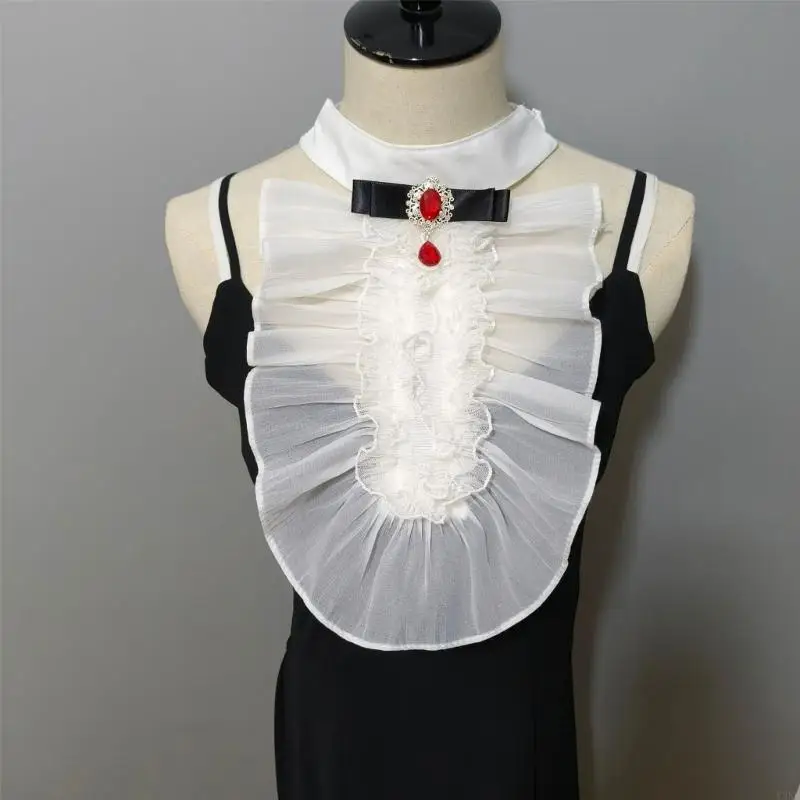 Y3NE Halloween Costume False Cuffs Crystal Ruffled Colonial Jabot Faux Collar Victorian Colonial Neckwear for Parties