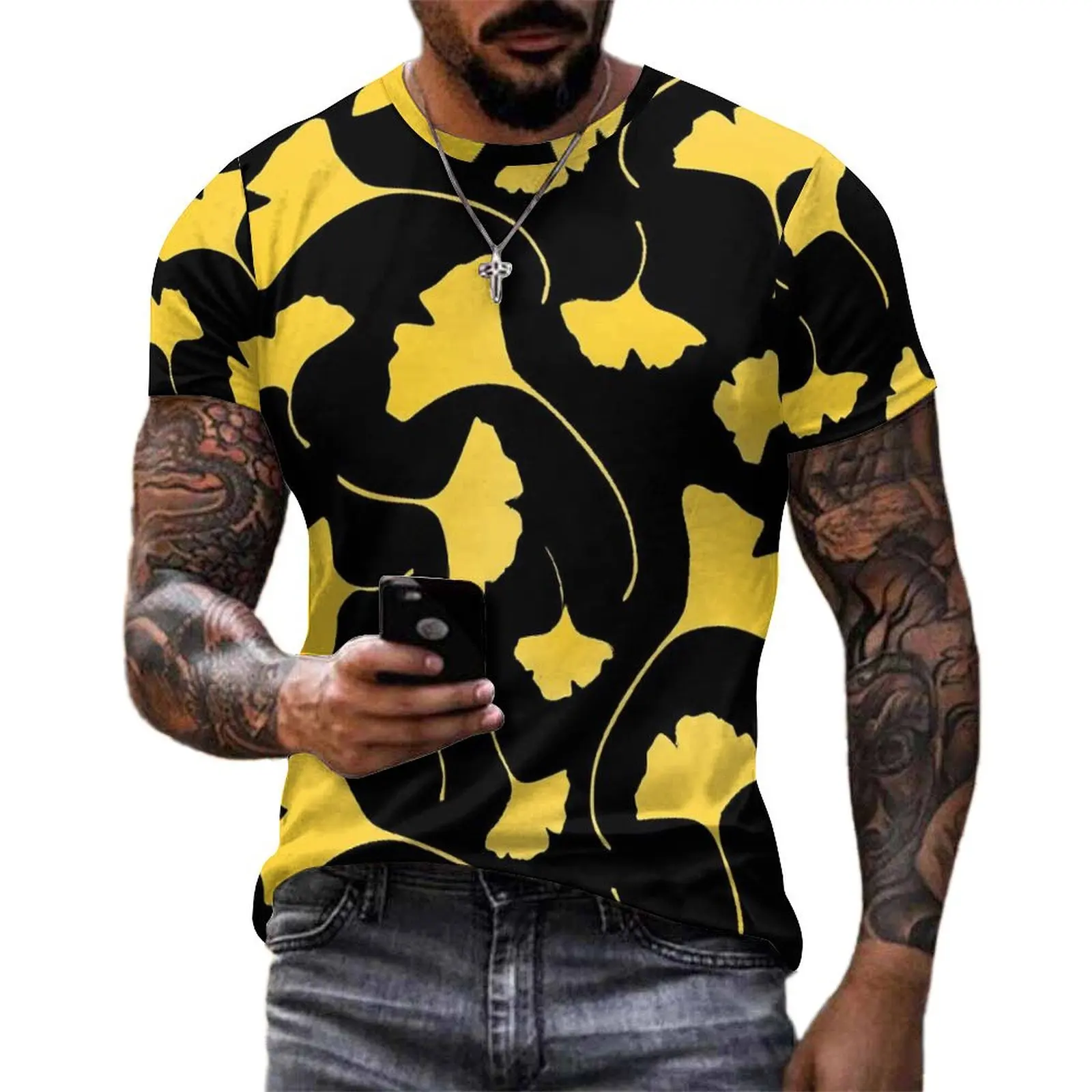 Ginkgo Biloba T-Shirt For Men Yellow Leaves O Neck T-Shirts Beach Hippie Clothing Short Sleeve Casual Oversize Tee Shirt Gift