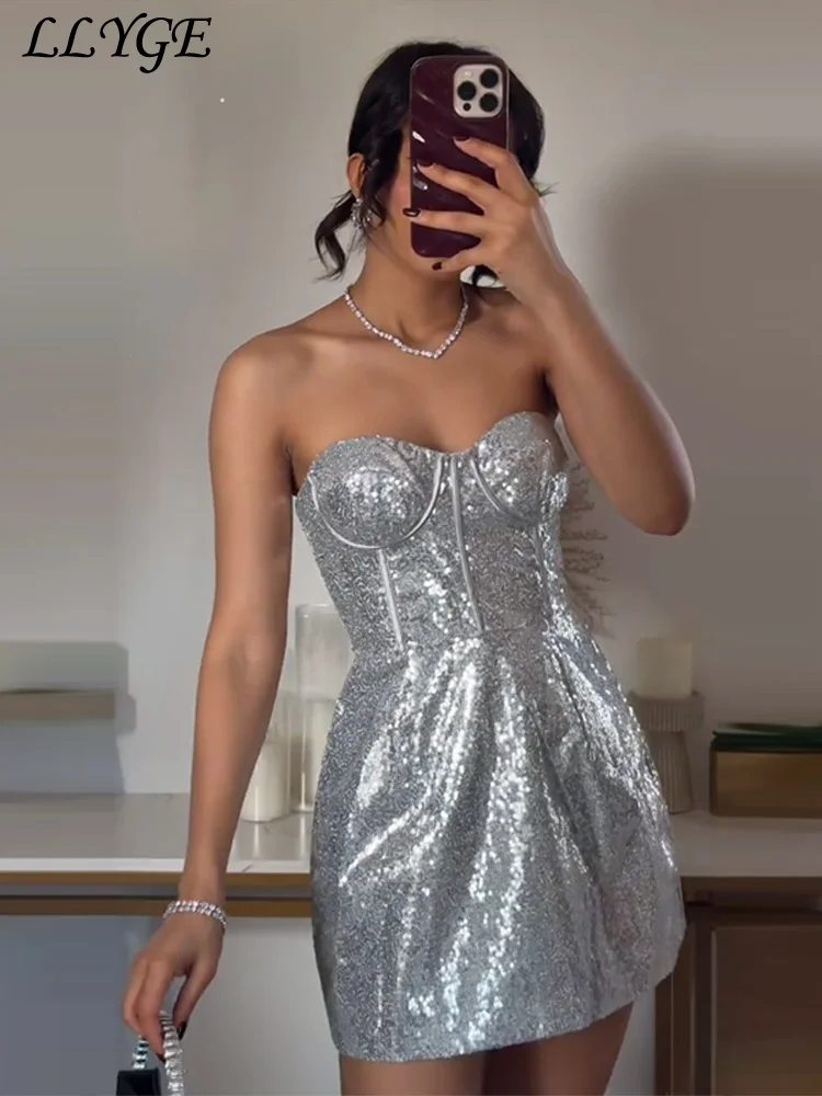 

Sexy Sequined Short Tube Top Dress Women Backless Strapless A-line Female Party Dresses 2025 Summer Lady Shiny Ball Gowns New