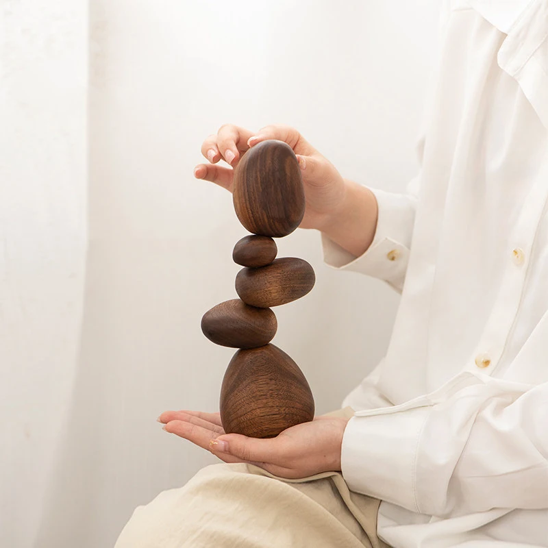 Balance Stone Wooden Ornament Creative Wood Carving Housewarming Gift Puzzle Decompression Craft Home Desktop Decoration
