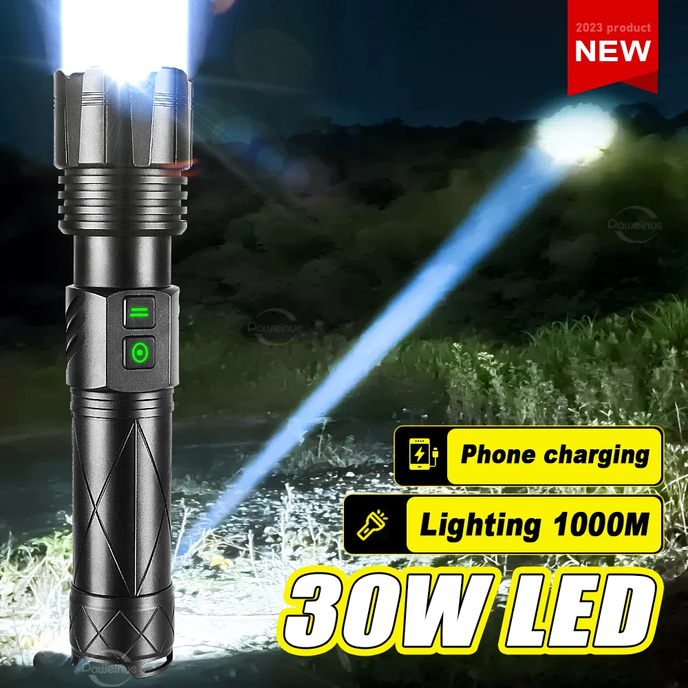 

Светодиодный фонарь 30 Вт, ультраяркий, с дальним лучом, мощный, перезаряжаемый (18650), водонепроницаемый, для кемпинга и приключений