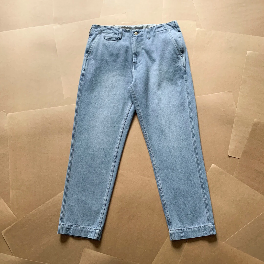 

Retro Carbon Waed Denim Jeans Straight Leg Adjustable Waist Casual Pants Light Color Dense Crossweave Summer Youth Faion