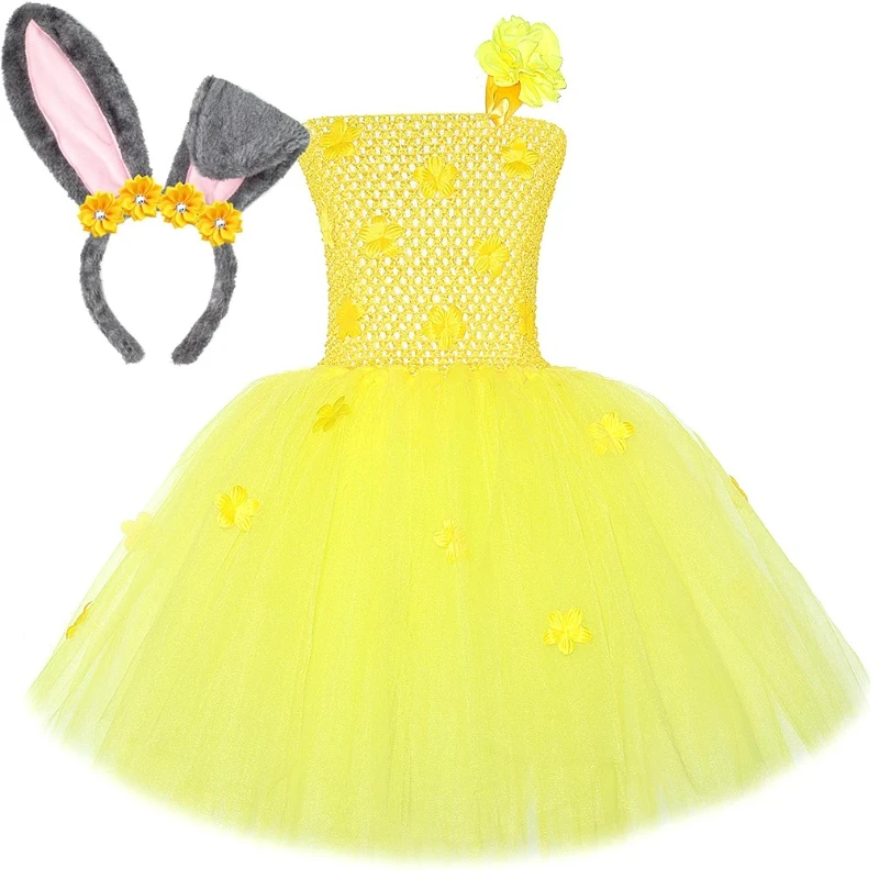 

Girls Zoo Yellow Rabbit Tutu Dress Animal Cute Bunny with Headband Costumes 2025 New Arrivals Kids Halloween Carnival Outfit