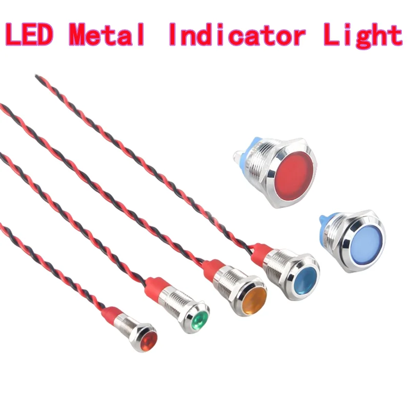 LED Metal Indicator Light Waterproof IP67 6/8/10/12mm Sizes Dual-Color 12V/24V Power Signal Light Tri-Color 220V
