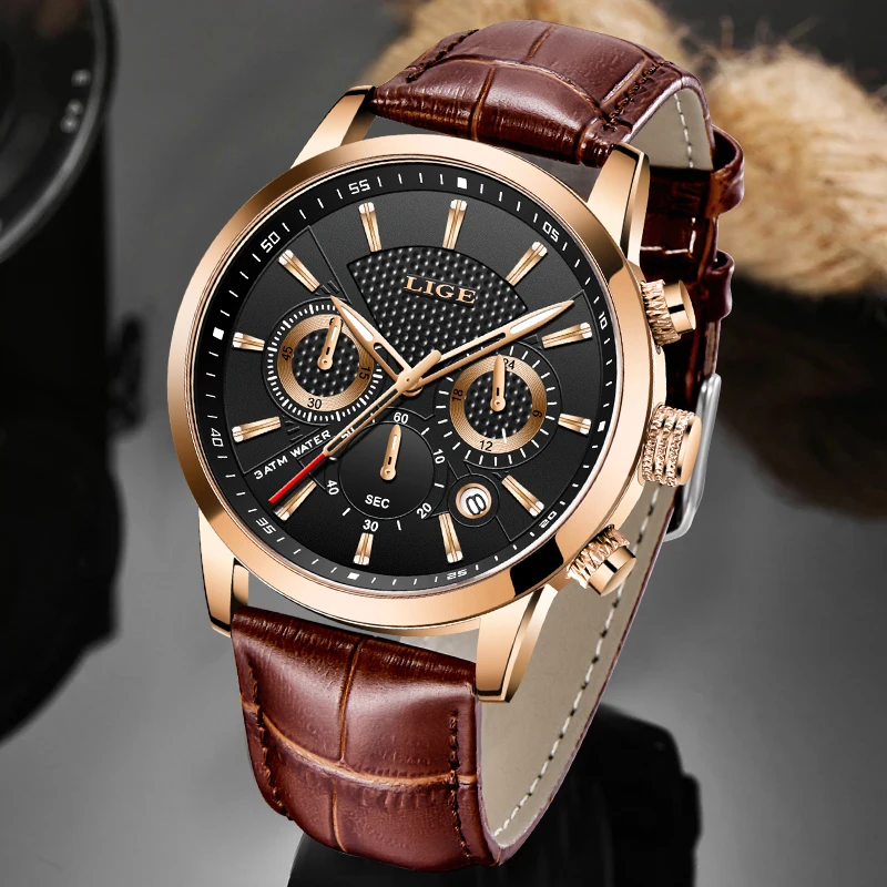 LIGE Waterproof Watches For Men Fashion Sport Quartz Chronograph Men Watch Top Brand Luxury Brown Leather Military Watch Men