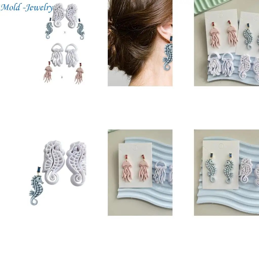 

69HB Handmade Clay Jewelry Cutter Seahorse Earring Molds Set Jellyfish Clay Earring Cutter Fashion Accessories for Earrings