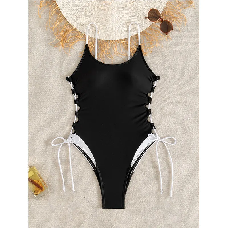 S-XL New Splicing Lace Up One Piece Swimsuit Women Swimwear Female Sexy High Leg Cut Monokini Padded Bather Bathing Suit Swim