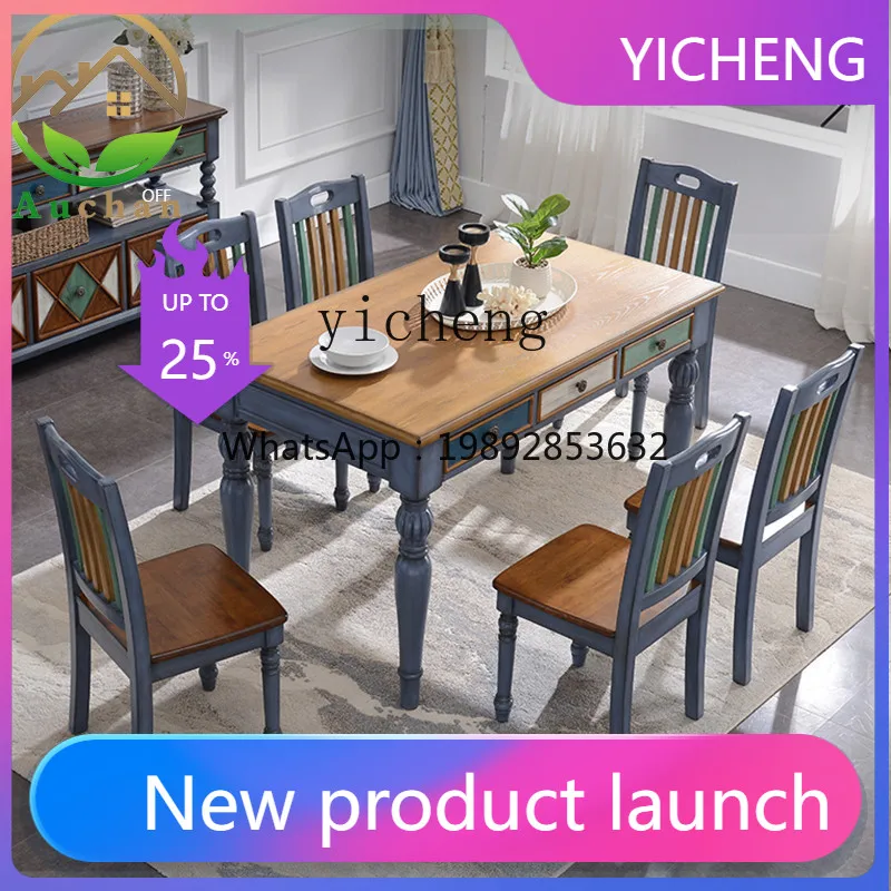 

American Country Mediterranean Solid Wood Dining Seat Combination Rectangle Household Dining Table
