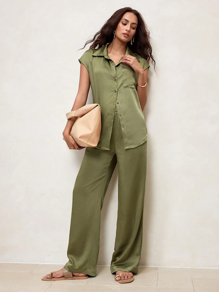 

Women's temperament commuting holiday style sleeveless single-breasted lapel shirt and wide-leg straight trousers two-piece set