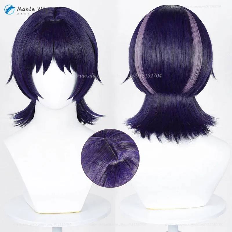 게임 Scaramouche Wanderer Balladeer 코스프레 진한 파란색 보라색 짧은 애니메이션 내열성 합성 머리 + 가발 모자 f.;78;hbo