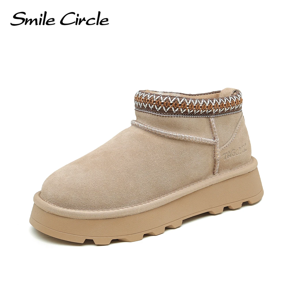 Smile Circle Tasman Mini Snow Boots Women Cow Suede Leather Warm Natural Wool Round Toe Winter Ankle Boots