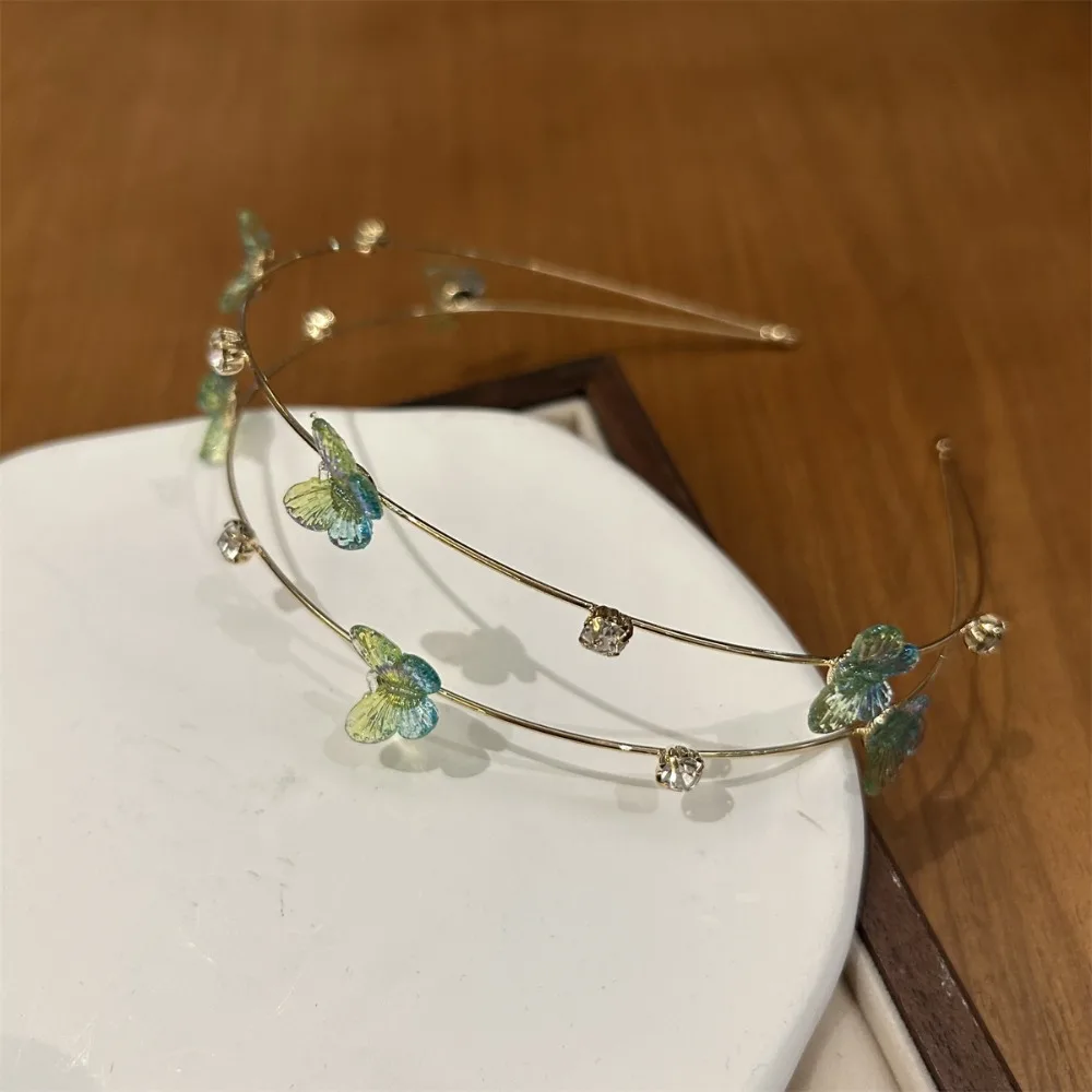 All-match Alloy Double Root Hair Bands Thin Waterproof Butterfly Head Hoop Rhinestone Metal Headdress Flower Hair Hoop Girls