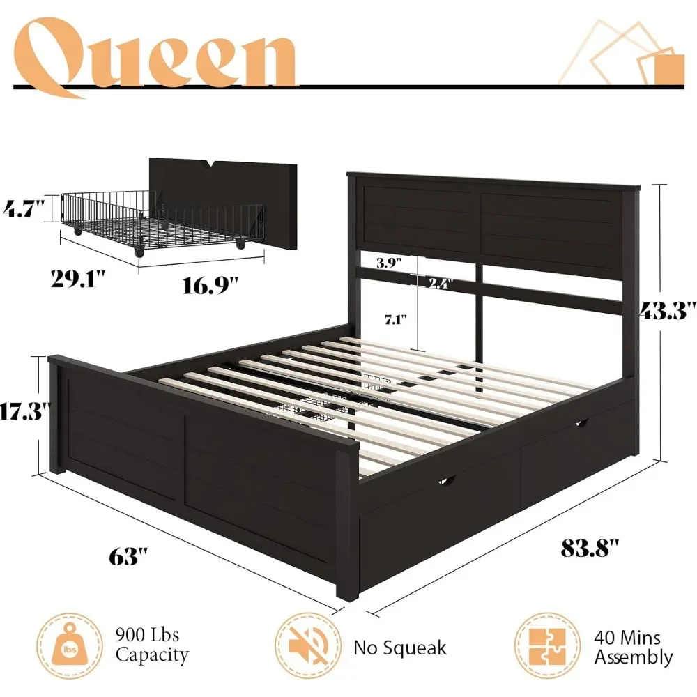 Cadre de lit Queen en bois avec planche de sauna, support de lattes de bois, 4 égouts de proximité de stockage, cadre de lit pour chambre à coucher