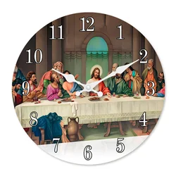 Religious Jesus Last Supper Pattern Wooden Wall Clock Living Room Bedroom Kitchen Home Decor Silent Quartz Clock Holiday Gift 10-Inch 12-Inch 14inch 16inch (No Battery)