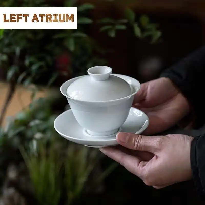 

140 мл ручной работы из сладкой белой глазури, керамическая подставка для чая, белая фарфоровая миска Sancai с крышкой, чайник, ручная травающаяся чаша, набор для чая Kungfu