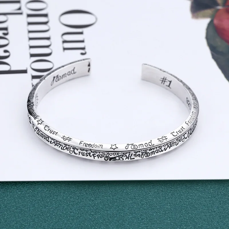 925 sterling silver simple bracelet men and women open adjustable bracelet graffiti Korean style personalized minority ornament