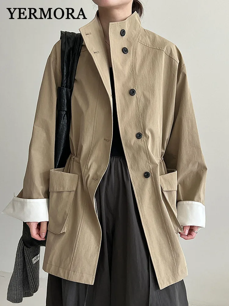 

YERMORA, осенний новый женский плащ с карманами на пуговицах, воротник-стойка, длинный рукав, свободная новая ветровка, модная весна 2023 г.
