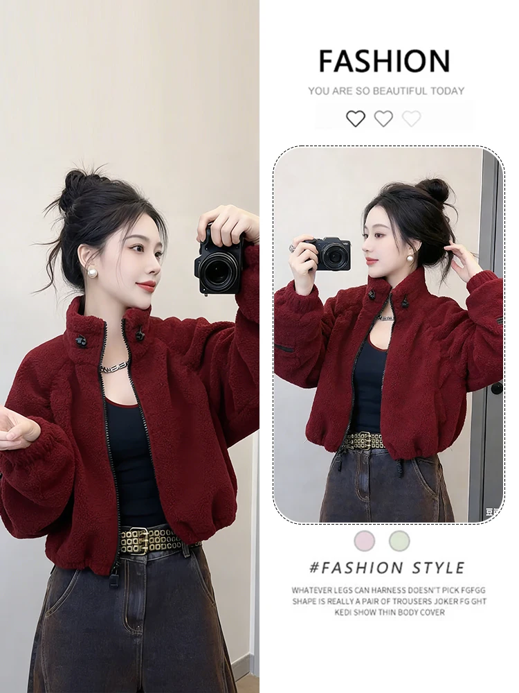 

Корейская утепленная короткая куртка с воротником-стойкой для женщин, зимняя модная теплая повседневная верхняя одежда с молнией и отделкой из овечьего меха