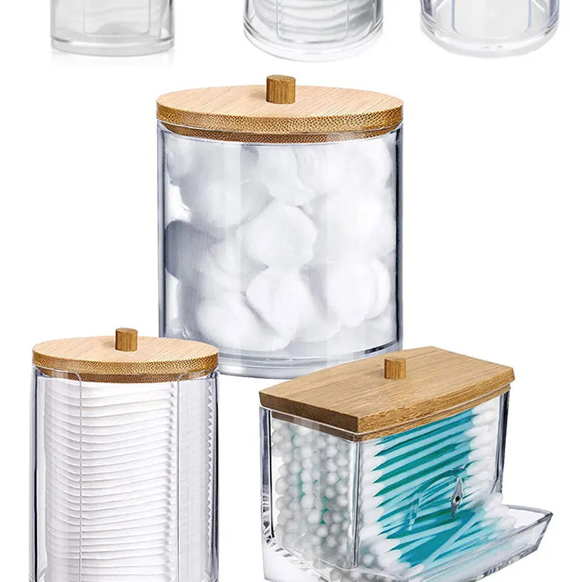 Acryl-Aufbewahrungsbox, Badezimmer-Glas, Make-up-Organizer, Baumwolle, runder Pad-Halter, Baumwoll-Halter, Spender mit Bambusdeckel, transparenter Kunststoff – Detail 4