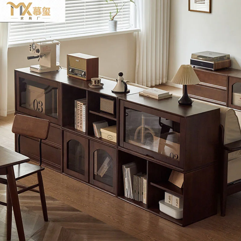 All solid wood module TV cabinet combination low bookcase household walnut simple floor lattice cabinet