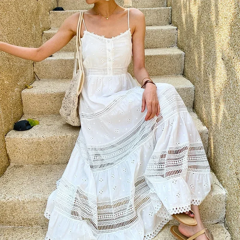 WildPinky Bohemian 100% Cotton White Beach Dress V Neck Spaghetti Strap Long Dress Sleeveless Summer Women Vacation Clothing