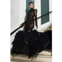 Elegant Black Mermaid Evening Dresses 2023 Fashion Pleated Ruffle Tulle Prom Gown Party Dress with Lining Robes de soirée