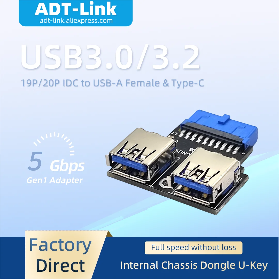 Internal IDC 19P 20P Header to USB3.0 USB-A Female+Type-C Adapter Chassis Built-in Converter for USB Dongle U Key Encryption Dog